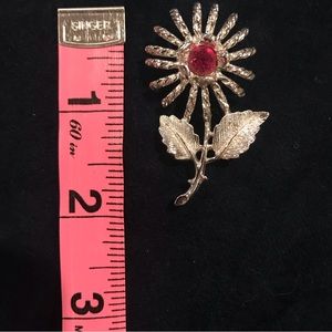 Signed Emmons Silver-Tone Flower Brooch w/ Pink Rhinestone Center—Vintage piece